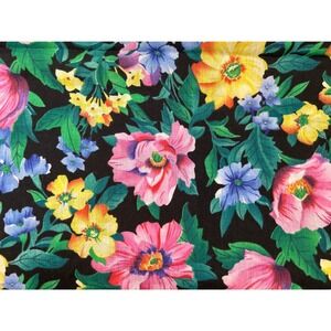 Vintage 80s Floral Fabric Black Pink Yellow Cottagecore Craft Sewing Yardage